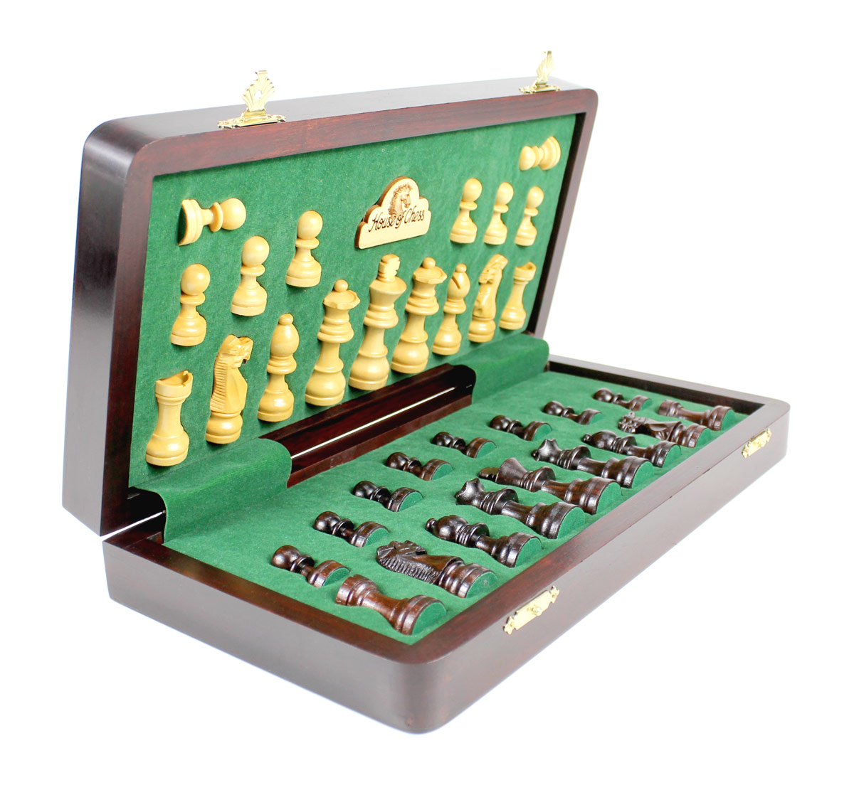 Chess pieces fitted in special inserts made according to the shape of the chess pieces.
